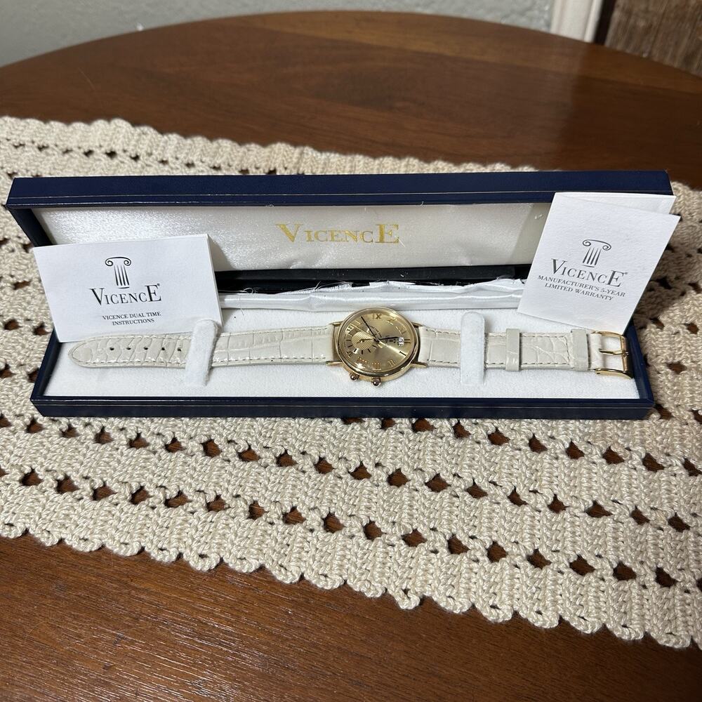 14K Yellow Gold Womens Vicence Dual Time Wrist Watch w/Ivory Leather Strap Italy